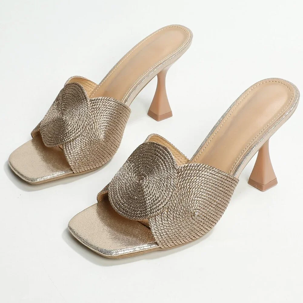 Gold Glamorous Womens Braided Detail Mules Fabric Pyramid Heel Sandals - Picture 5 of 5